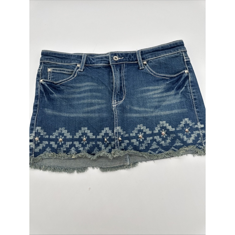 Shyanne Denim Fringe Hem Mid Rise Western A-Line Mini Skirt Size 7/29